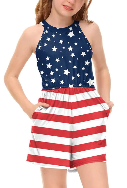 Girls 4th of July Stars & Stripes Romper – Patriotic Halter Neck Sleeveless Jumpsuit with Pockets