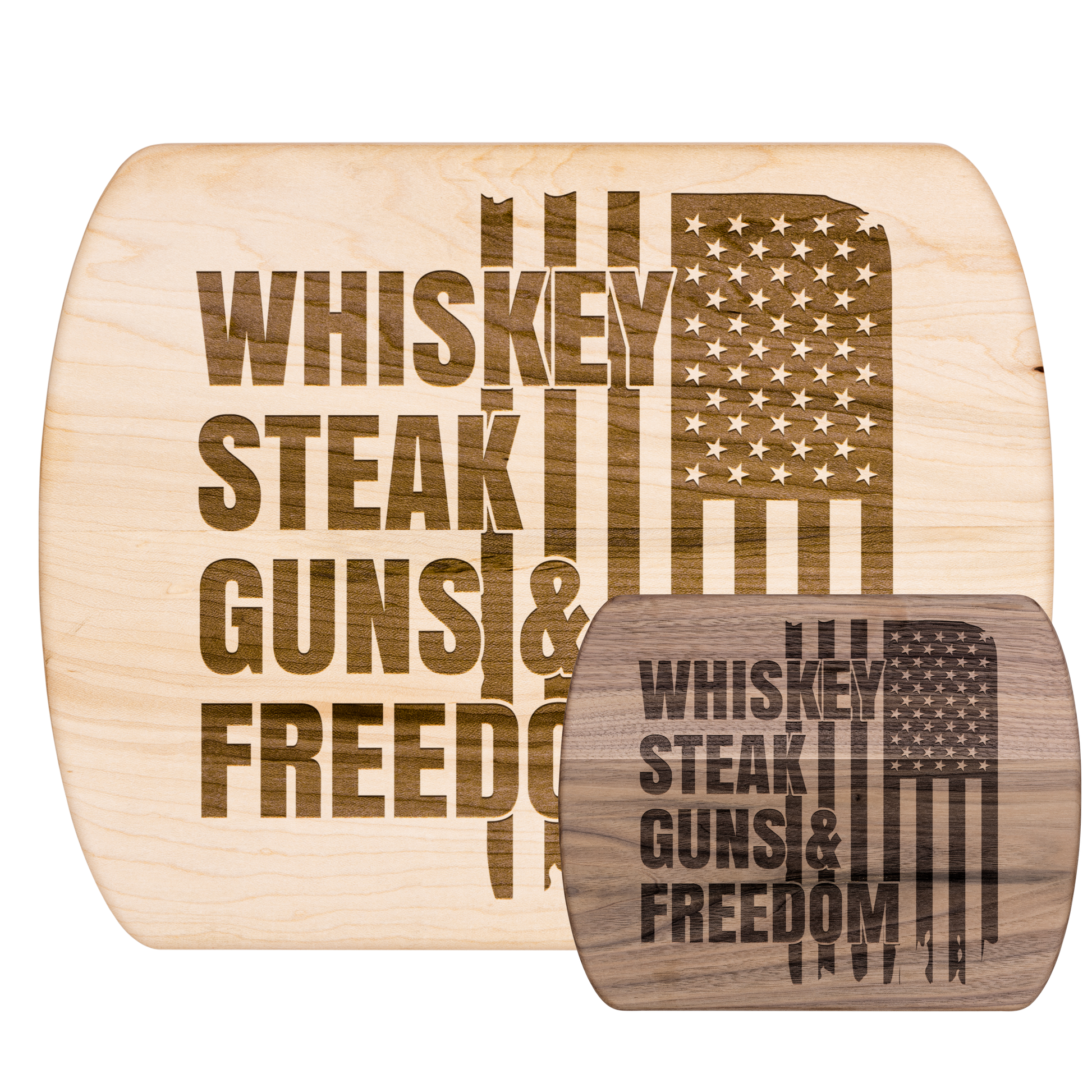 Handcrafted Wooden Cutting Board - American Flag Design | Whiskey Steak Guns & Freedom | Walnut & Maple | 8.5"x11" & 5.5"x8" Sizes Available - The American Glory 