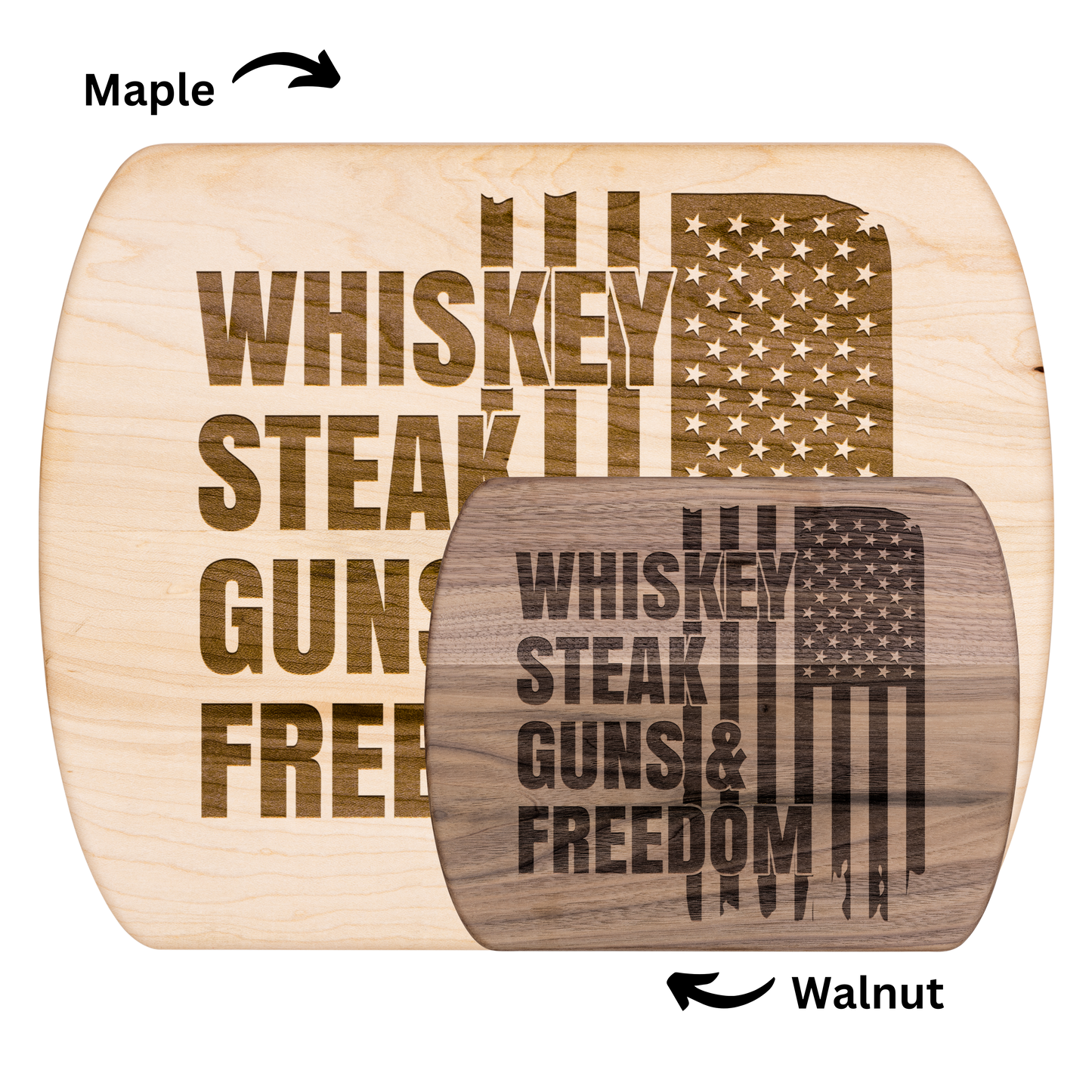 Handcrafted Wooden Cutting Board - American Flag Design | Whiskey Steak Guns & Freedom | Walnut & Maple | 8.5"x11" & 5.5"x8" Sizes Available - The American Glory 